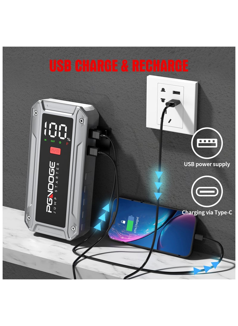 بجنوج - PGNOOGE 26800mAh 6000A مُشَغِّل سَيَّارَةٍ طَارِئ، مُشَغِّل بَطَّارِيَةِ السَّيَّارَةِ 12 فُولْت مَعَ زِرِّ التَّشْغِيلِ القَسْرِيِّ وَمَنْفَذِ USB، شَاشَةُ LCD كَبِيرَة، ضَوْءٌ بِقُوَّةِ 600 لُومِين، شَاحِنُ بَطَّارِيَةٍ، شَاحِنُ بَطَّارِيَةِ السَّيَّارَةِ - Image 1