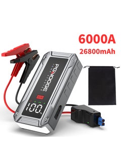 PGNOOGE 26800mAh 6000A مُشَغِّل سَيَّارَةٍ طَارِئ، مُشَغِّل بَطَّارِيَةِ السَّيَّارَةِ 12 فُولْت مَعَ زِرِّ التَّشْغِيلِ القَسْرِيِّ وَمَنْفَذِ USB، شَاشَةُ LCD كَبِيرَة، ضَوْءٌ بِقُوَّةِ 600 لُومِين، شَاحِنُ بَطَّارِيَةٍ، شَاحِنُ بَطَّارِيَةِ السَّيَّارَةِ