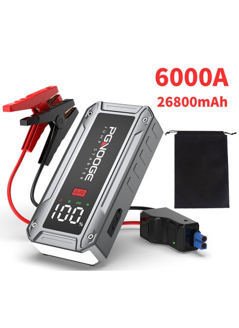 PGNOOGE 26800mAh 6000A Car Jump Starter, 12V Car Battery Jump Starter with Force Start Button and USB Output, Large LCD Display, 600 Lumens Light, Battery Charger, Car Battery Charger, Battery Booster Jump Starter, Portable Car Battery, Portable Battery For Cars, Jump Starter Capacitor, Power Bank Car Starter