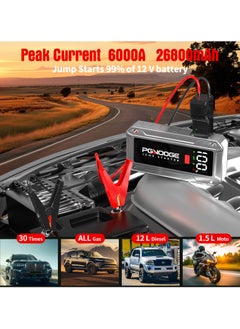 PGNOOGE PGNOOGE 26800mAh 6000A Car Jump Starter, 12V Car Battery Jump Starter with Force Start Button and USB Output, Large LCD Display, 600 Lumens Light, Battery Charger, Car Battery Charger, Battery Booster Jump Starter, Portable Car Battery, Portable Battery For Cars, Jump Starter Capacitor, Power Bank Car Starter  - Image 2