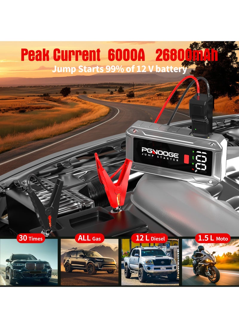 بجنوج - PGNOOGE 26800mAh 6000A مُشَغِّل سَيَّارَةٍ طَارِئ، مُشَغِّل بَطَّارِيَةِ السَّيَّارَةِ 12 فُولْت مَعَ زِرِّ التَّشْغِيلِ القَسْرِيِّ وَمَنْفَذِ USB، شَاشَةُ LCD كَبِيرَة، ضَوْءٌ بِقُوَّةِ 600 لُومِين، شَاحِنُ بَطَّارِيَةٍ، شَاحِنُ بَطَّارِيَةِ السَّيَّارَةِ - Image 1