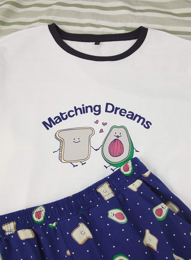 trendyol Ecru  Indigo Regular Fit Avocado Printed 100% Cotton Knitted Pajama Set - Image 3