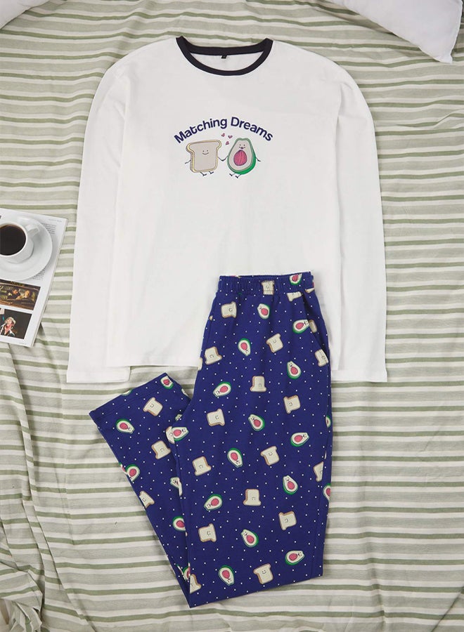 trendyol Ecru  Indigo Regular Fit Avocado Printed 100% Cotton Knitted Pajama Set - Image 1