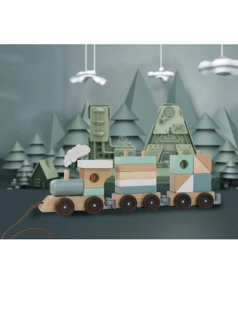 Pikkaboo Woody Buddy Train Stacker Pull along-Green - Image 4