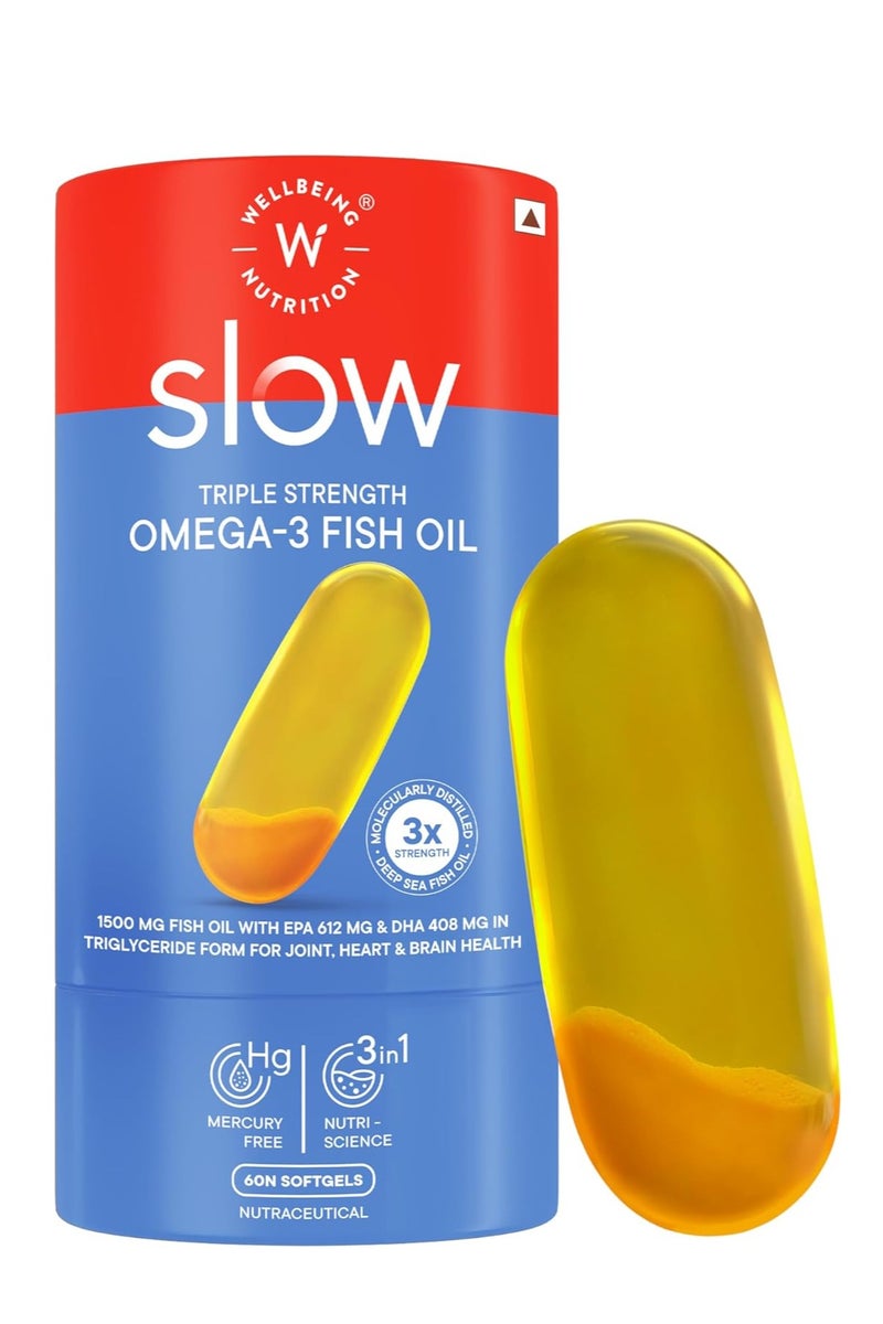 WELLBEING NUTRITION Slow 3x Strength Omega 3 Fish Oil Capsules | 1500mg with EPA 612mg, DHA 408mg & Curcumin for Men & Women | No Fishy Burp | For Brain, Heart, & Joint Health, 60 Softgels