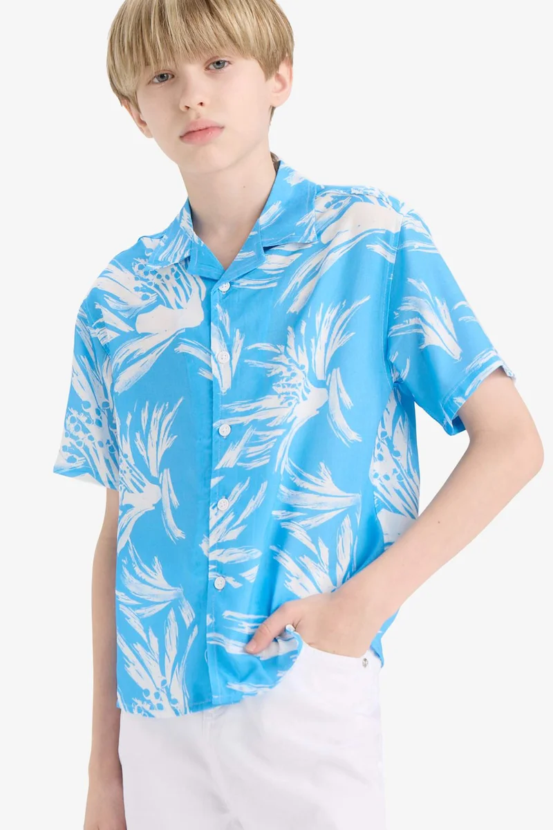 DeFacto Boy Oversize Polo Neck Floral Viscose Shirt