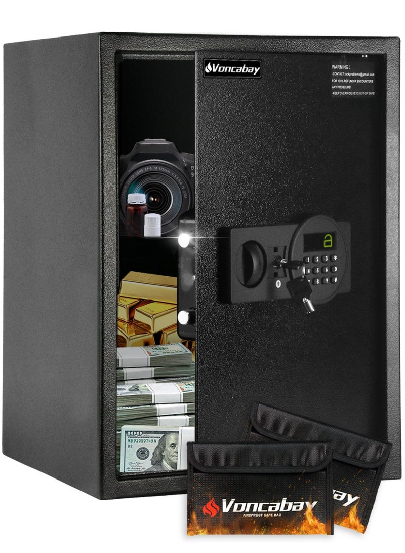 Voncabay Money Safe Box for Home with Sensor Light & Fireproof Money Bag - 2.2 Cubic Feet Security Safe Box with Digital Keypad, Keys & Pass Code Lock Black - Image 1
