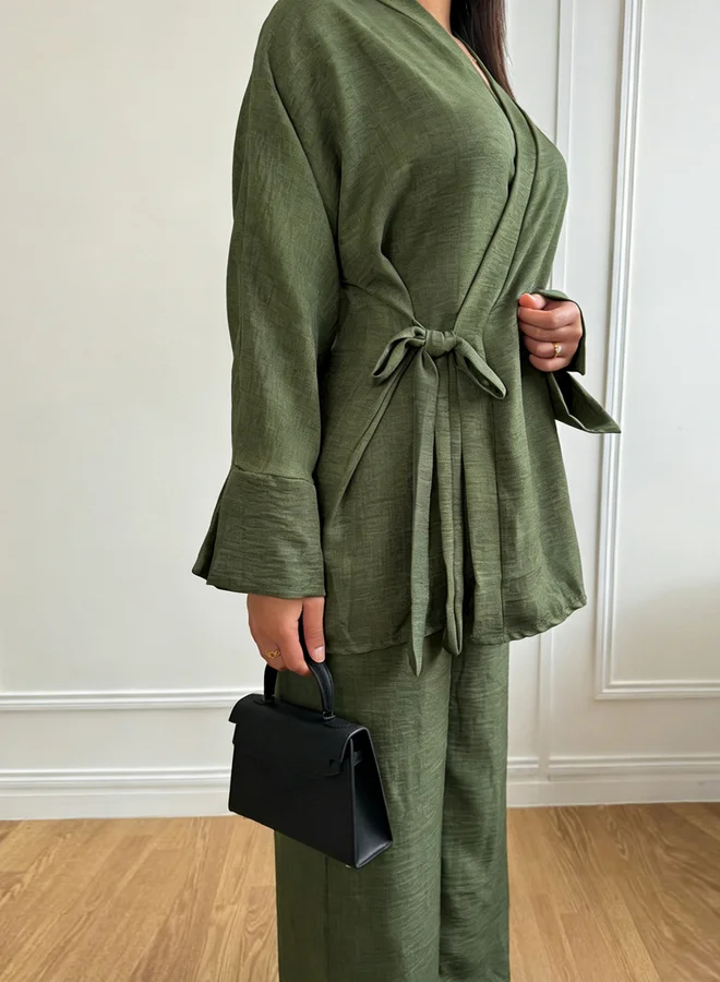 Take Two  Khaki Long Sleeve Wrap Kimono and Trousers Co-Ords for Women | Best Price UAE
