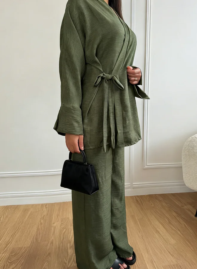 Take Two Khaki Long Sleeve Wrap Kimono and Trousers Co-Ords