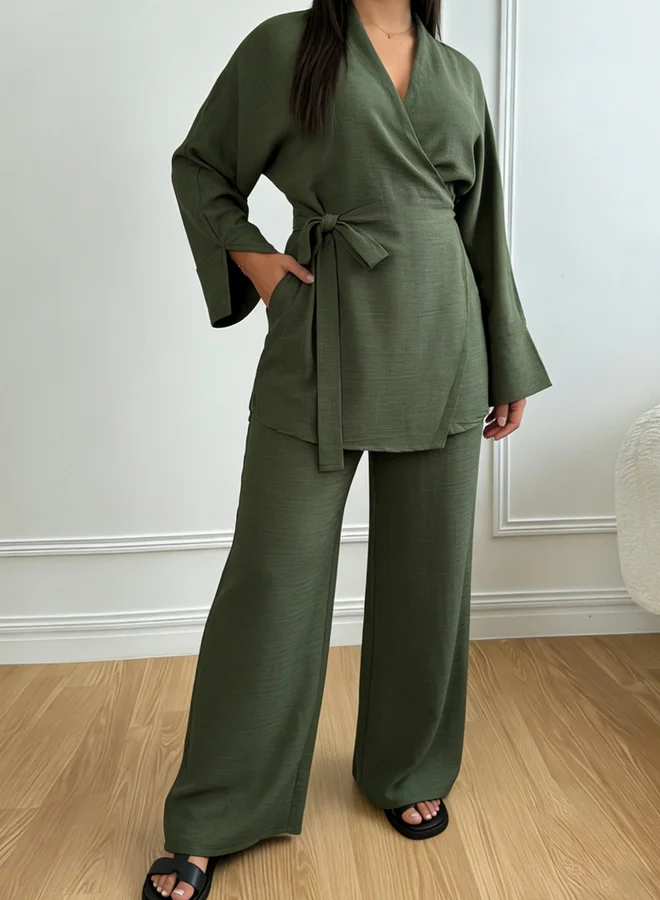 Take Two  Khaki Long Sleeve Wrap Kimono and Trousers Co-Ords for Women | Best Price UAE