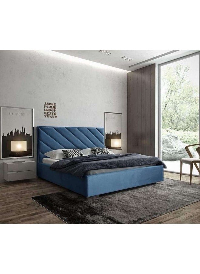 Homzmart White Wood and Velvet Queen Bed 200x140x140 cm - Blue  - Image 1