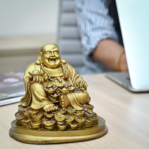 HindCraft Buddha Idol – Feng Shui Figurine Laughing Buddha Sitting on Luck Money Coins | Golden Ingot for Good Luck & Happiness | Decor for Living Room (5 Inches, Gold) | Idols for Home Decor - Image 4
