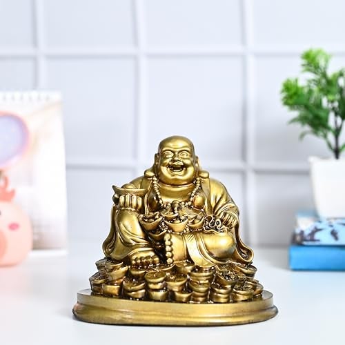HindCraft Buddha Idol – Feng Shui Figurine Laughing Buddha Sitting on Luck Money Coins | Golden Ingot for Good Luck & Happiness | Decor for Living Room (5 Inches, Gold) | Idols for Home Decor - Image 5