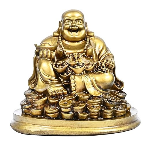 HindCraft Buddha Idol – Feng Shui Figurine Laughing Buddha Sitting on Luck Money Coins | Golden Ingot for Good Luck & Happiness | Decor for Living Room (5 Inches, Gold) | Idols for Home Decor - Image 1