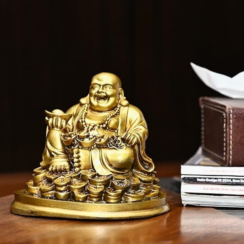 HindCraft Buddha Idol – Feng Shui Figurine Laughing Buddha Sitting on Luck Money Coins | Golden Ingot for Good Luck & Happiness | Decor for Living Room (5 Inches, Gold) | Idols for Home Decor - Image 2