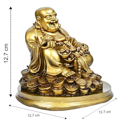 HindCraft Buddha Idol – Feng Shui Figurine Laughing Buddha Sitting on Luck Money Coins | Golden Ingot for Good Luck & Happiness | Decor for Living Room (5 Inches, Gold) | Idols for Home Decor - Image 3