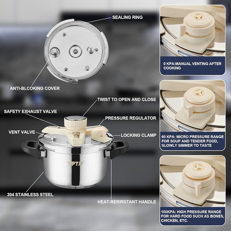 TIPTAP 4.5QT/5L Stainless Steel Pressure Cooker, Multifunctional Pot with Glass Lid, Ideal for Steaming, Soups, Pressure Cooking, Rice and More, Compatible with Gas Stove and Induction Cooktops - Image 5