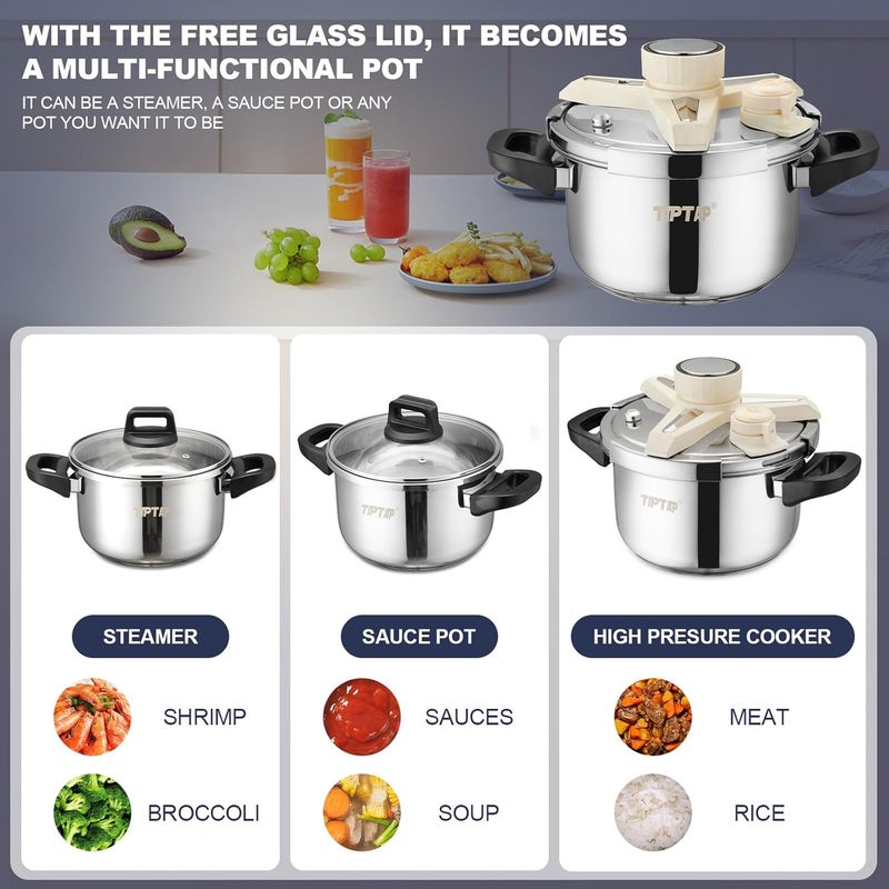 TIPTAP 4.5QT/5L Stainless Steel Pressure Cooker, Multifunctional Pot with Glass Lid, Ideal for Steaming, Soups, Pressure Cooking, Rice and More, Compatible with Gas Stove and Induction Cooktops - Image 4