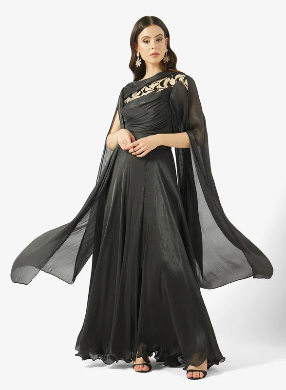 AINA Draped Gown with Embellished Illusion Neckline