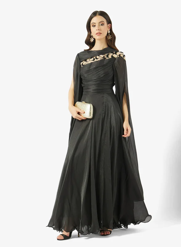AINA Draped Gown with Embellished Illusion Neckline