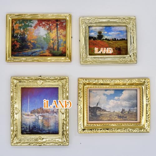 iLAND Miniature Dollhouse Accessories for Dollhouse Furniture on 1:12 Scale, Dollhouse Frames w/Printed Classic Paintings Set (4 Bright Golden Frames & Pictures) - Image 4