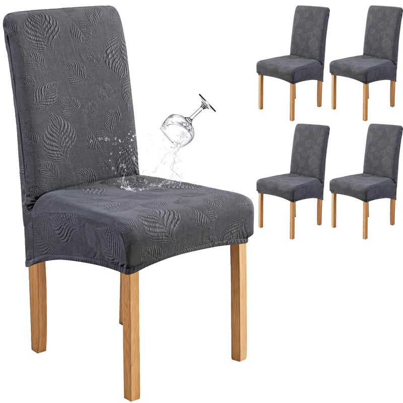 Genina Waterproof Dining Chair Covers Set of 4,Stretch Dining Room Chair Slipcovers with Leaf Jacquard,Removable Kitchen Chair Protector for Home,Restaurant,Banquet-Dark Grey - Image 1