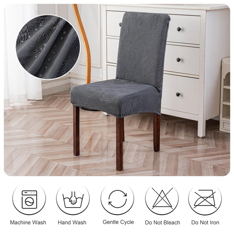 Genina Waterproof Dining Chair Covers Set of 4,Stretch Dining Room Chair Slipcovers with Leaf Jacquard,Removable Kitchen Chair Protector for Home,Restaurant,Banquet-Dark Grey - Image 5