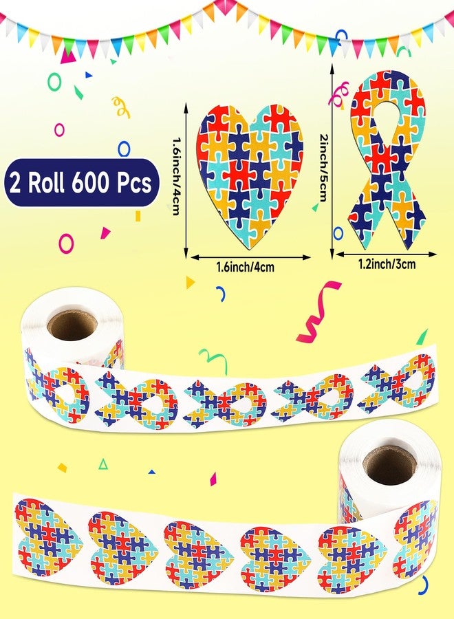 FEBSNOW Autism Sticker, 600Pcs 2 Roll Autism Awareness Heart Ribbon Stickers Self Adhesive Asperger's Awareness Decal Sticker Envelope Sealer for Kids Women Men School Boys Girls Event Support Gifts - Image 2