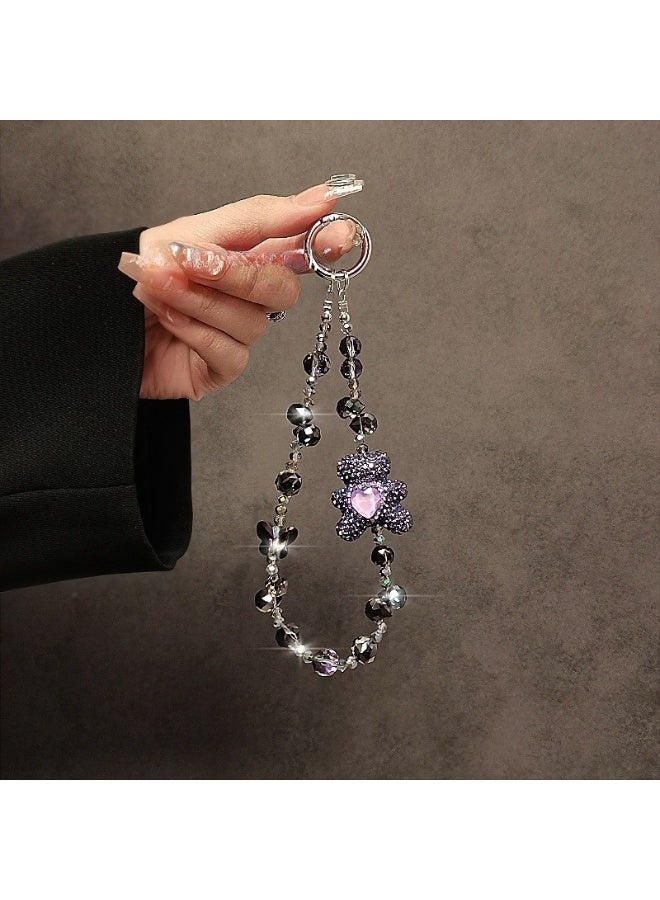 NIBEMINENT Beaded Phone Lanyard, Anti Lost Removable Wrist Strap, Crystal Teddy Bear Heart Bracelet Pendant, Phone Keychain Lanyard, Purple