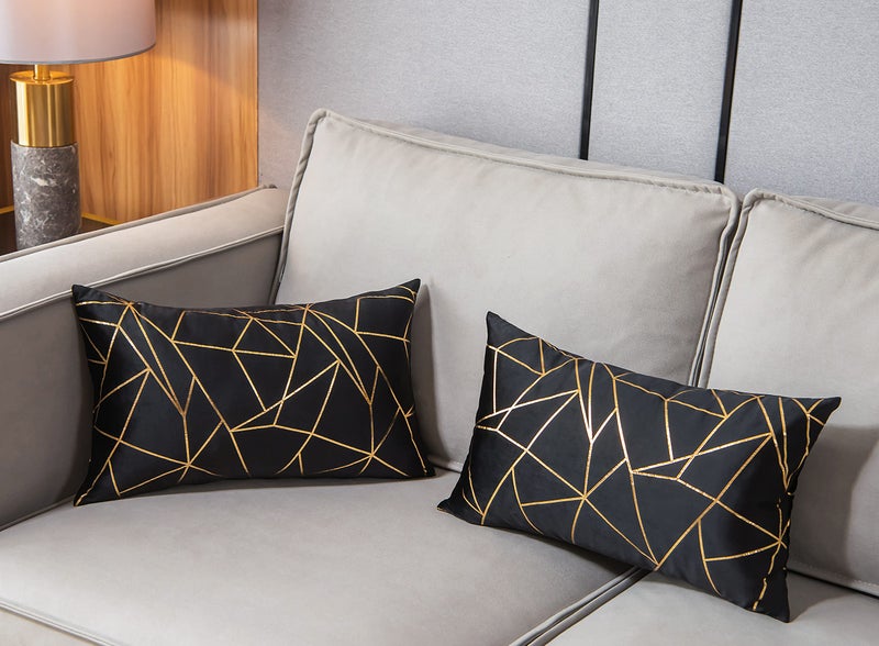 YONGLIU YONGLIU Pack of 2 Soft Velvet Lumbar Throw Pillow Covers Decorative Gold Foil Geometric Pattern Cute Cushion Case for Modern Homes Sofa Couch Bedroom Living Room Car (Black and Gold  12X20 )  - Image 2