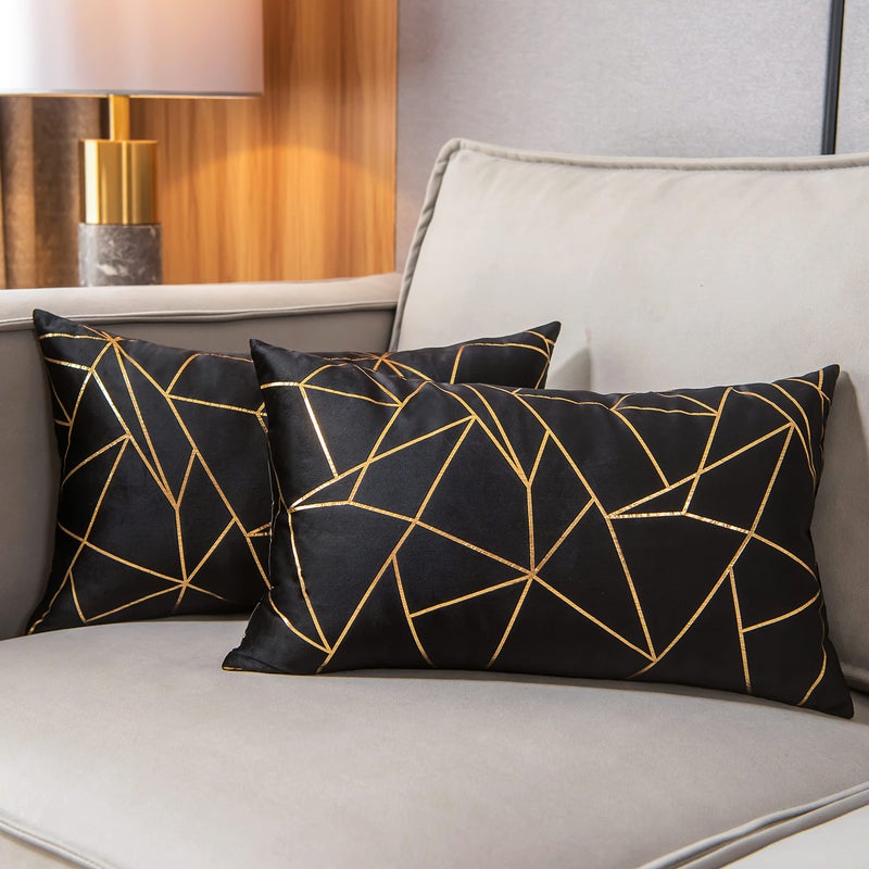 YONGLIU YONGLIU Pack of 2 Soft Velvet Lumbar Throw Pillow Covers Decorative Gold Foil Geometric Pattern Cute Cushion Case for Modern Homes Sofa Couch Bedroom Living Room Car (Black and Gold  12X20 )  - Image 1