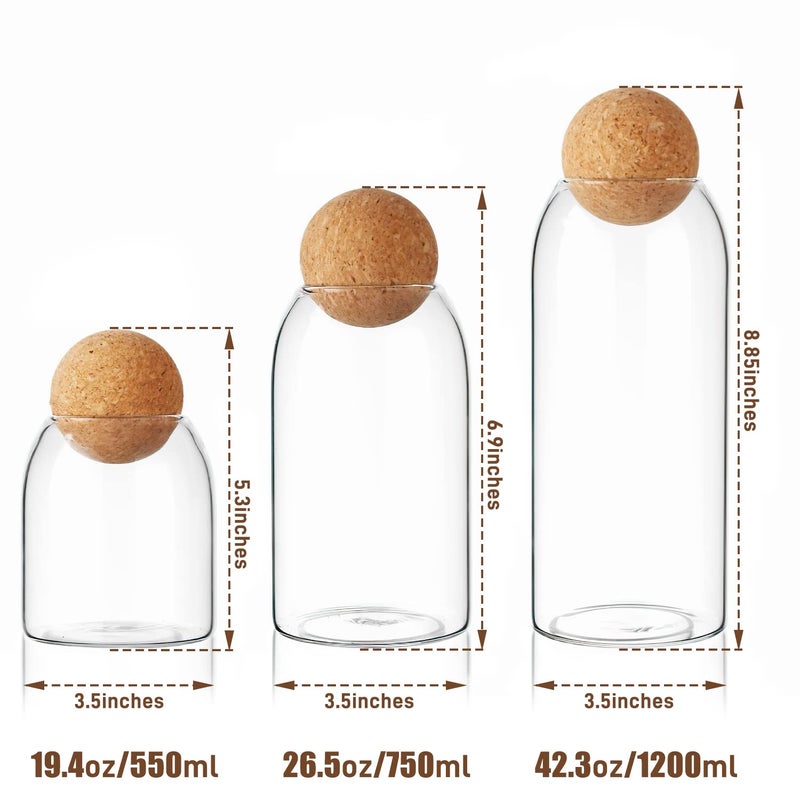 La Llareta Glass Food Storage Canister, 3 PiÃ¨ces Storage Container with Ball Cork, Clear Glass Storage Jar, for Sugar, Coffee, Candies(550ml/750ml/1200ml) - Image 2
