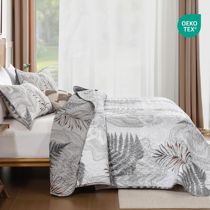 Dinjoy Quilts Set Queen Size, Grey Queen Quilt Bedspread Bedding Set Floral Leaf Pattern, Reversible Quilt Coverlet Set 3 Pieces, Summer Botanical Bed Cover All Seasons with 2 Pillow Shams - Image 4