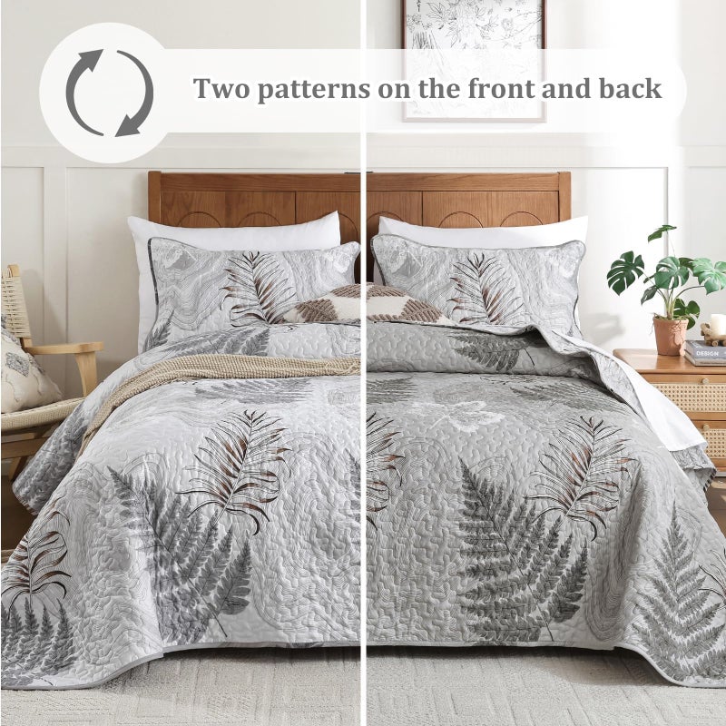 Dinjoy Quilts Set Queen Size, Grey Queen Quilt Bedspread Bedding Set Floral Leaf Pattern, Reversible Quilt Coverlet Set 3 Pieces, Summer Botanical Bed Cover All Seasons with 2 Pillow Shams - Image 2