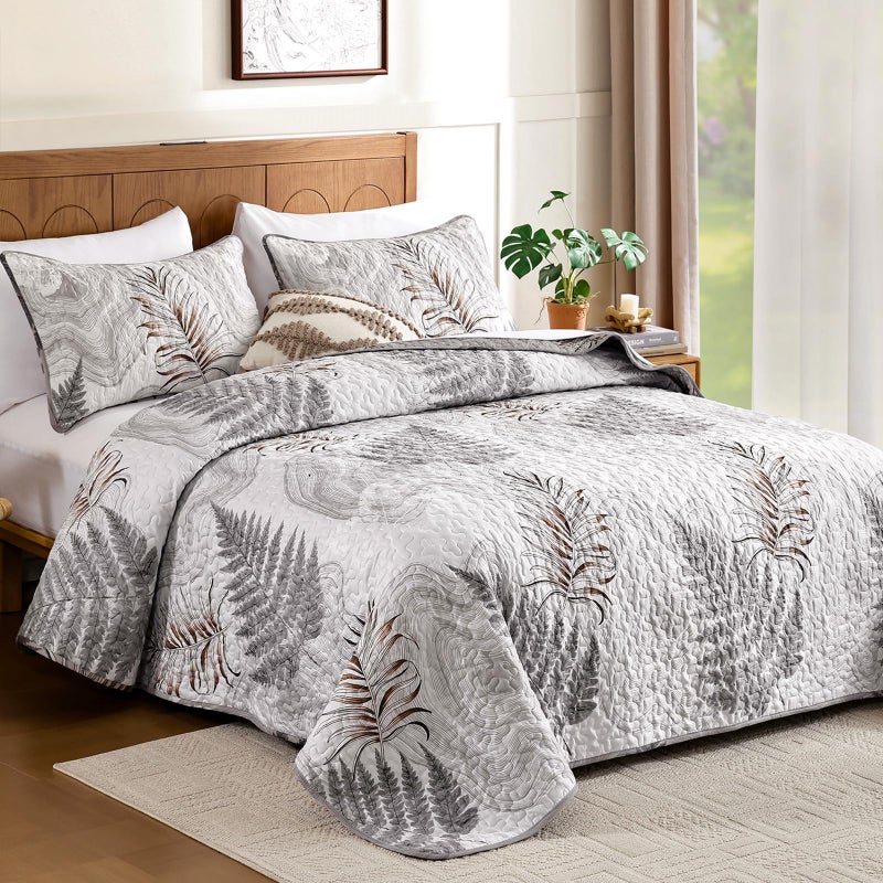 Dinjoy Quilts Set Queen Size, Grey Queen Quilt Bedspread Bedding Set Floral Leaf Pattern, Reversible Quilt Coverlet Set 3 Pieces, Summer Botanical Bed Cover All Seasons with 2 Pillow Shams - Image 3