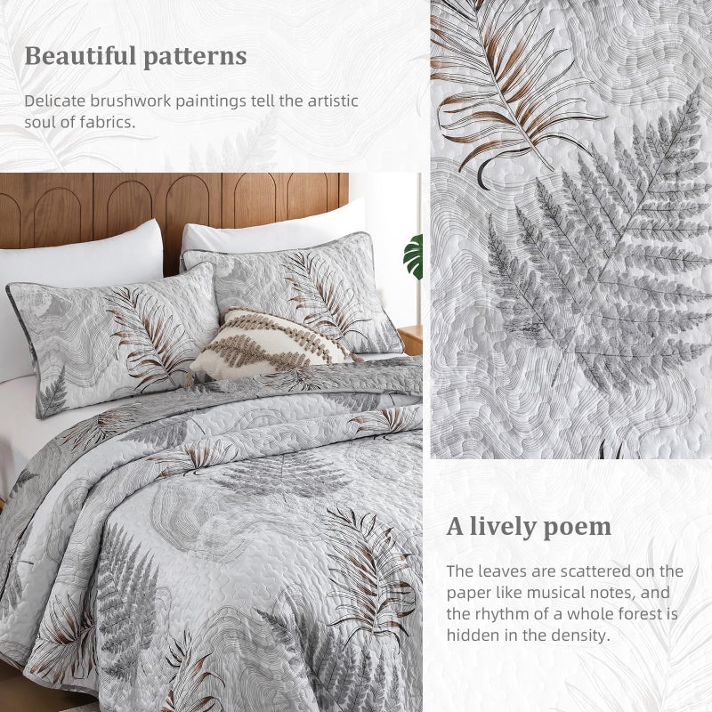 Dinjoy Quilts Set Queen Size, Grey Queen Quilt Bedspread Bedding Set Floral Leaf Pattern, Reversible Quilt Coverlet Set 3 Pieces, Summer Botanical Bed Cover All Seasons with 2 Pillow Shams - Image 5