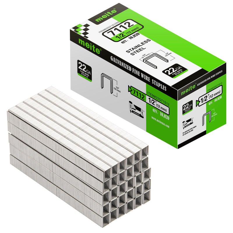 meite 7112 22 Gauge 304 Stainless Steel Upholstery Staples 38Inch Crown with 12Inch Leg Length Heavy Duty Staples for Construction Furniture Crafts DIY Projects 1 Box
