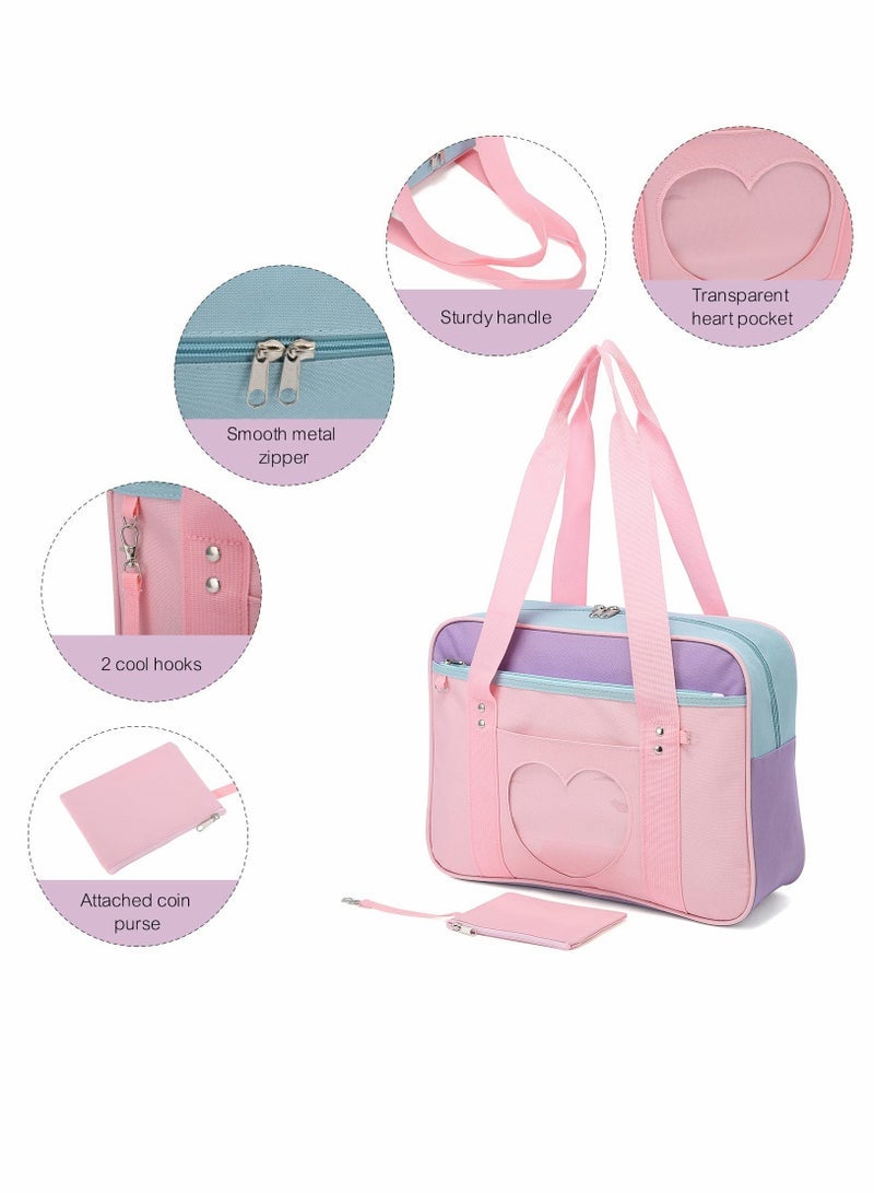 Excefore Shoulder Bag School Bag Made Of Premium Oxford and Pvc Plastic Large Anime Shoulder Bag Kawaii Handbag for Women Transparent Love Casual Shoulder Bag for School Work Gym Sports Travel Pink - Image 5