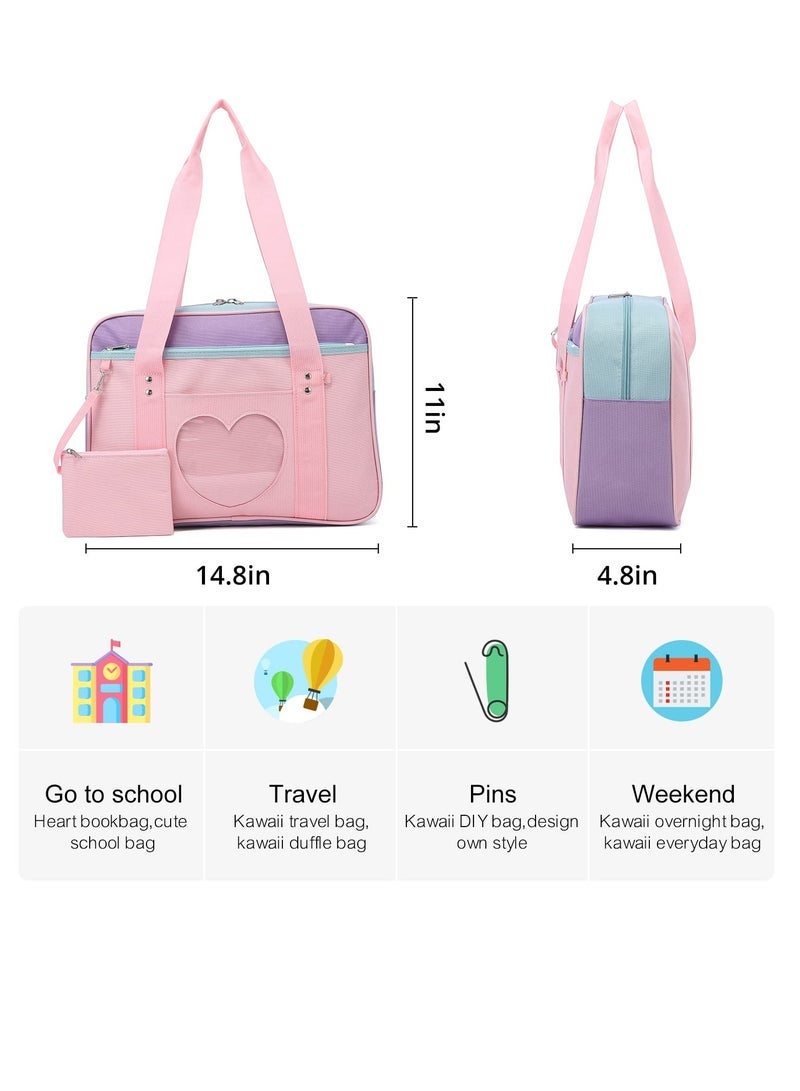 Excefore Shoulder Bag School Bag Made Of Premium Oxford and Pvc Plastic Large Anime Shoulder Bag Kawaii Handbag for Women Transparent Love Casual Shoulder Bag for School Work Gym Sports Travel Pink - Image 3