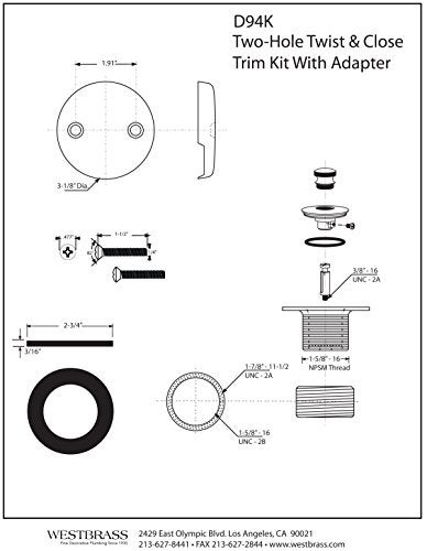 Westbrass D94K-50 Twist & Close Bathtub Drain Stopper with 2-Hole Faceplate and Adapter Bushing, Powder Coat White - Image 2