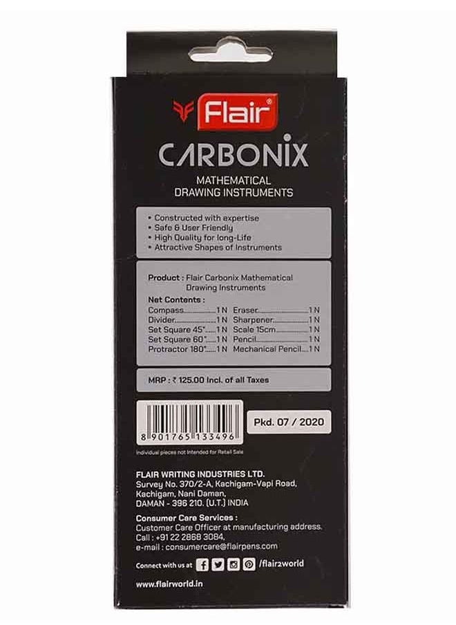 Flair Carbonix Methamatical Drawing Instruments,Geometry Box - 10pc Set, Black