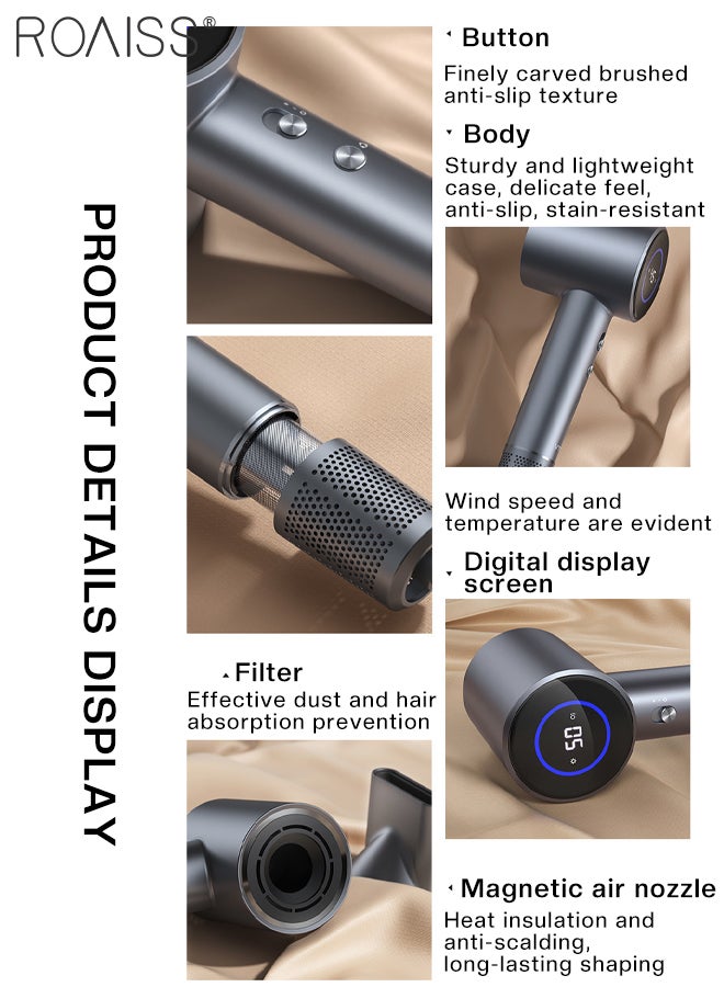 roaiss Negative Ion Hair Dryer, Fast Drying, Multiple Depth Noise Reduction Hair Dryer LED light temperature display, Professional High Speed Hairdryer 4Temps /2Speeds, Suitable for Home Travel Dormitory - Image 4