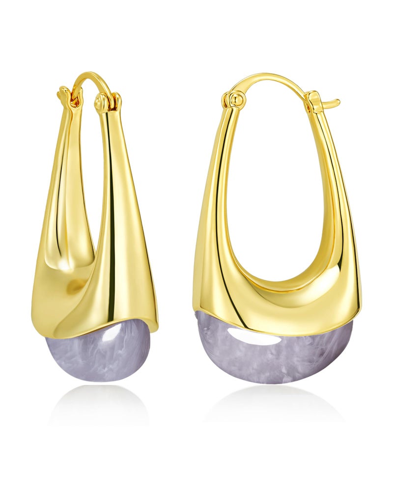 SNGIA Long Oval Chunky Dangle 18K gold plated Hoops with Colored Resin Gemstone Statement Earrings for Women by SNGIA, (Green, Brown, Blue, Pink, White, Cream), Bold Drop Handmade Exaggerated Irregular Trendy Bohemian Jewelry Gifts, Unique Dangling Teardrop Baroque Stone Summer Beach Fashion Earrings Accessories, Round Vintage Thick Circular Nickle Free Huggies Hoop Earrings. (Haze) - Image 1