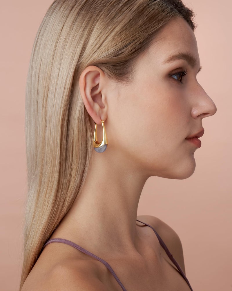 SNGIA Long Oval Chunky Dangle 18K gold plated Hoops with Colored Resin Gemstone Statement Earrings for Women by SNGIA, (Green, Brown, Blue, Pink, White, Cream), Bold Drop Handmade Exaggerated Irregular Trendy Bohemian Jewelry Gifts, Unique Dangling Teardrop Baroque Stone Summer Beach Fashion Earrings Accessories, Round Vintage Thick Circular Nickle Free Huggies Hoop Earrings. (Haze) - Image 2