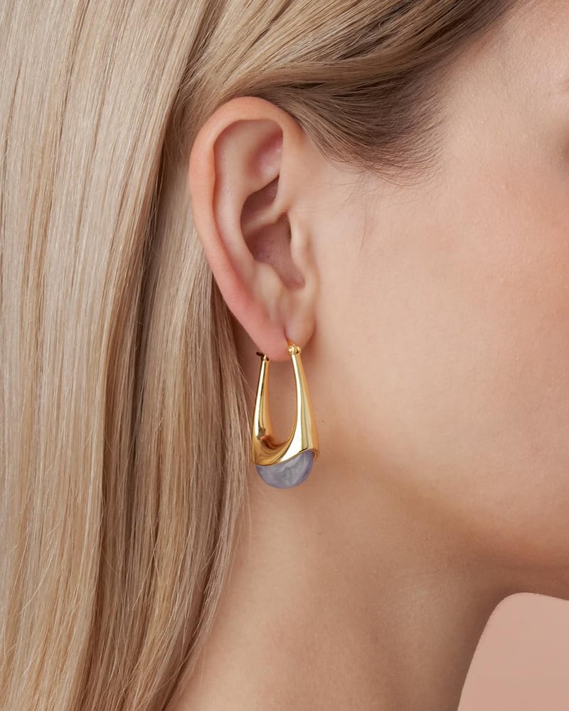 SNGIA Long Oval Chunky Dangle 18K gold plated Hoops with Colored Resin Gemstone Statement Earrings for Women by SNGIA, (Green, Brown, Blue, Pink, White, Cream), Bold Drop Handmade Exaggerated Irregular Trendy Bohemian Jewelry Gifts, Unique Dangling Teardrop Baroque Stone Summer Beach Fashion Earrings Accessories, Round Vintage Thick Circular Nickle Free Huggies Hoop Earrings. (Haze) - Image 4