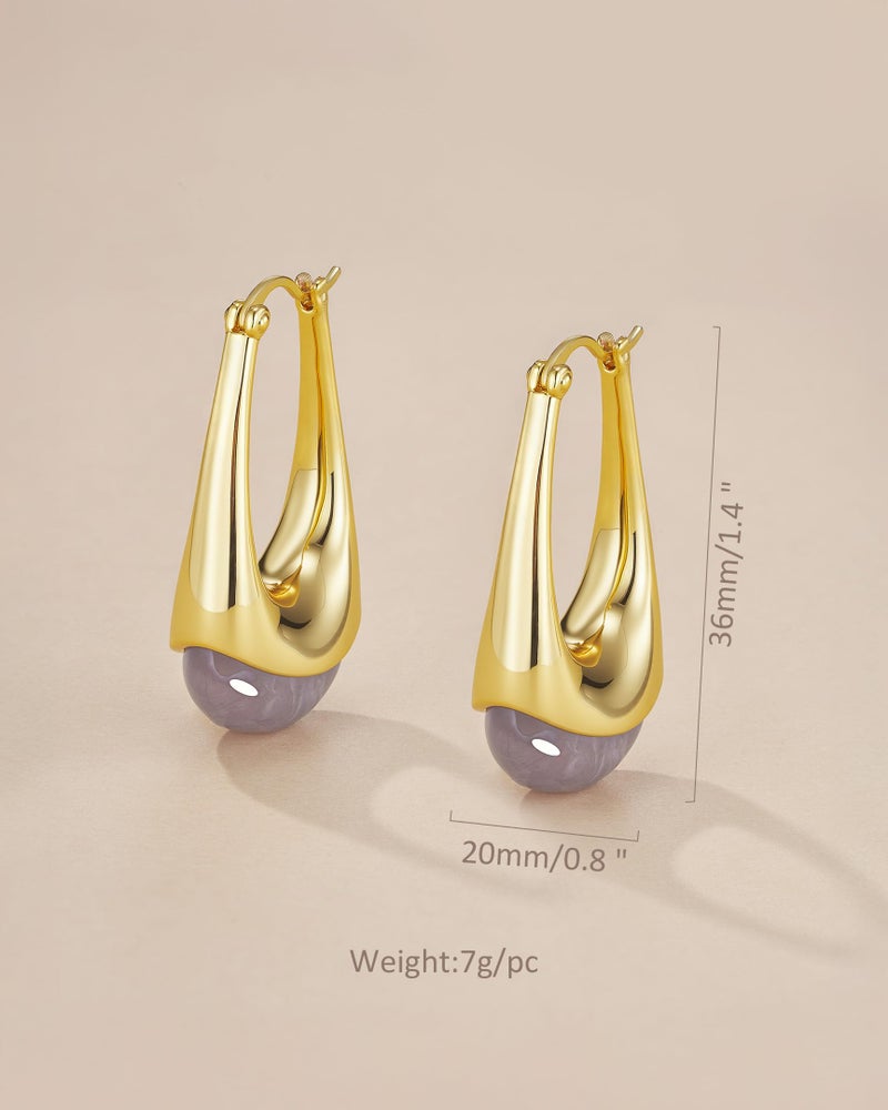 SNGIA Long Oval Chunky Dangle 18K gold plated Hoops with Colored Resin Gemstone Statement Earrings for Women by SNGIA, (Green, Brown, Blue, Pink, White, Cream), Bold Drop Handmade Exaggerated Irregular Trendy Bohemian Jewelry Gifts, Unique Dangling Teardrop Baroque Stone Summer Beach Fashion Earrings Accessories, Round Vintage Thick Circular Nickle Free Huggies Hoop Earrings. (Haze) - Image 5