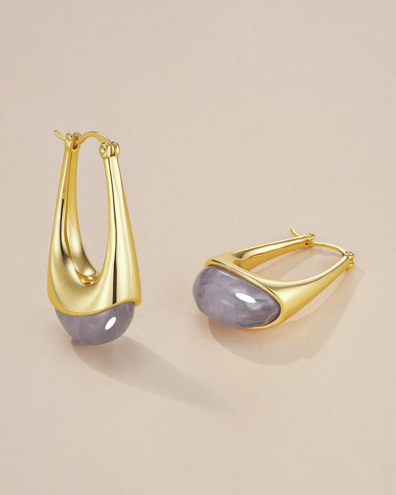 SNGIA Long Oval Chunky Dangle 18K gold plated Hoops with Colored Resin Gemstone Statement Earrings for Women by SNGIA, (Green, Brown, Blue, Pink, White, Cream), Bold Drop Handmade Exaggerated Irregular Trendy Bohemian Jewelry Gifts, Unique Dangling Teardrop Baroque Stone Summer Beach Fashion Earrings Accessories, Round Vintage Thick Circular Nickle Free Huggies Hoop Earrings. (Haze) - Image 3
