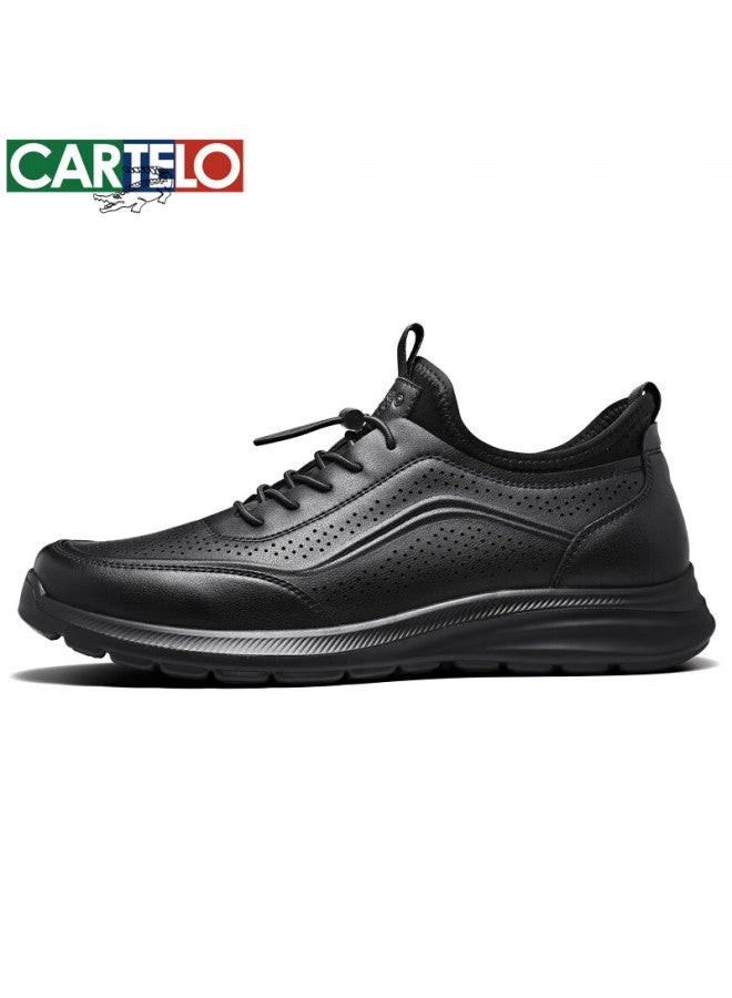 Cartelo Men's Shoes, Summer Breathable Hollow Slip-on Cowhide Sandals, Business Sports Casual Leather Shoes, 5223 Black, Size 44 - Image 2