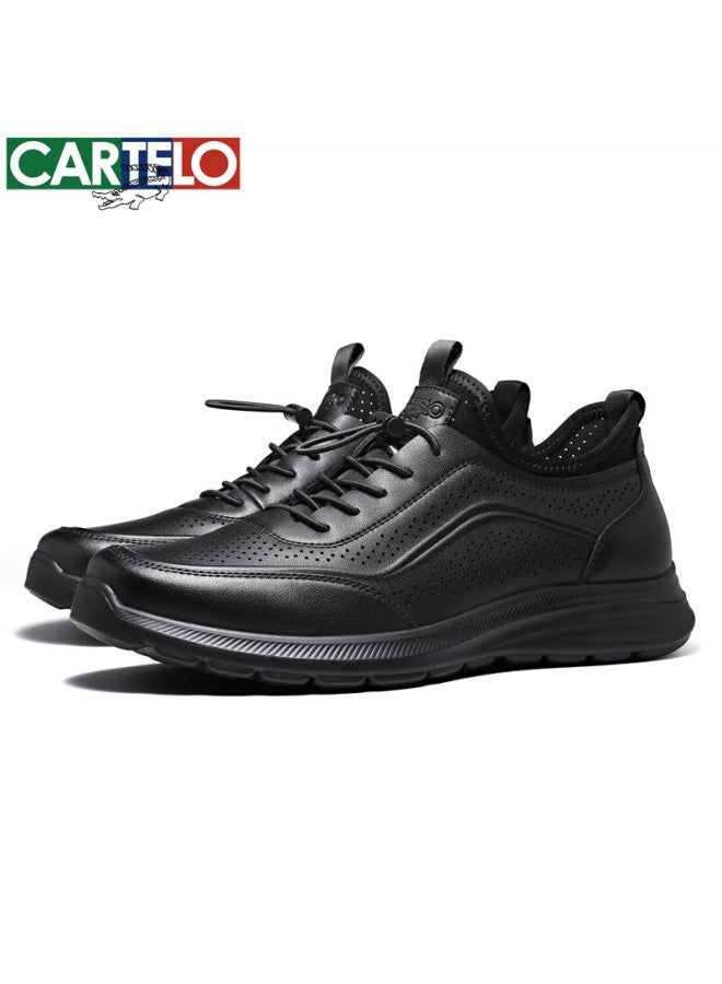 Cartelo Men's Shoes, Summer Breathable Hollow Slip-on Cowhide Sandals, Business Sports Casual Leather Shoes, 5223 Black, Size 44 - Image 3