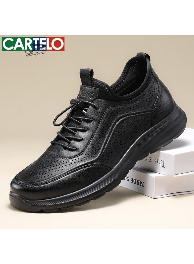 Cartelo Men's Shoes, Summer Breathable Hollow Slip-on Cowhide Sandals, Business Sports Casual Leather Shoes, 5223 Black, Size 44 - Image 1